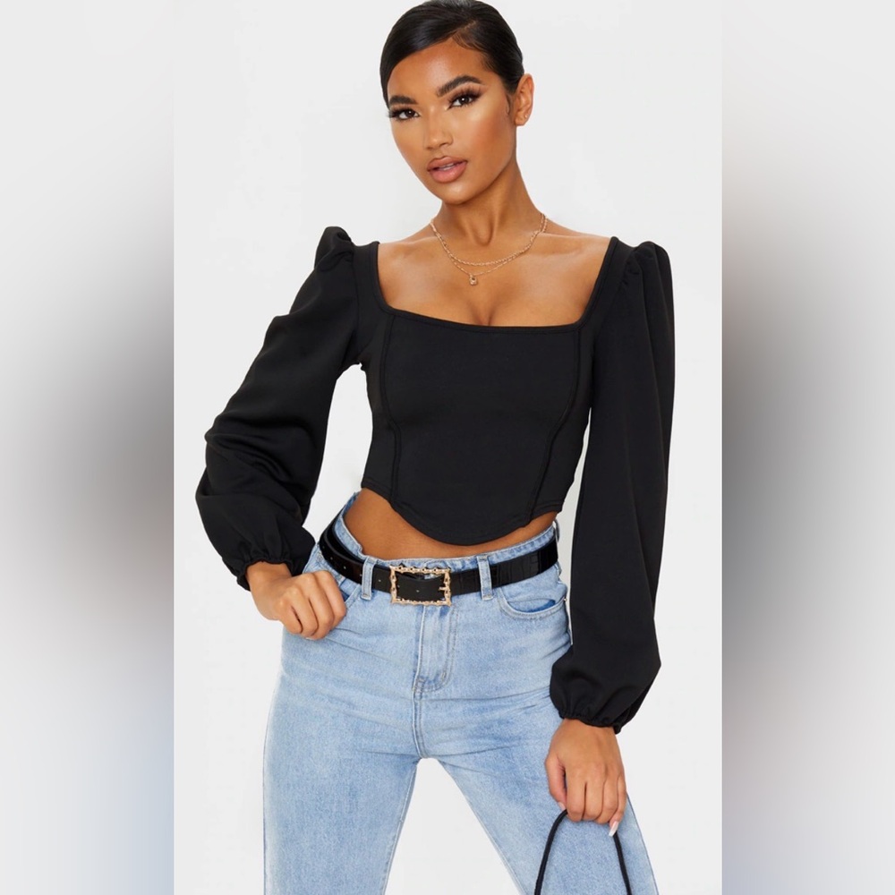 PrettyLittleThing BLACK BINDING BALLOON SLEEVE CROP TOP